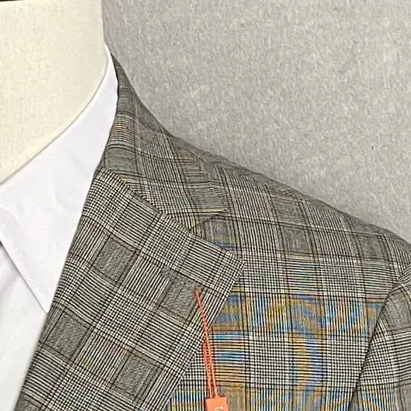 Tallia Men's 38 Short Suit Jacket Stretch Wool Blend Cream/Brown Plaid NEW